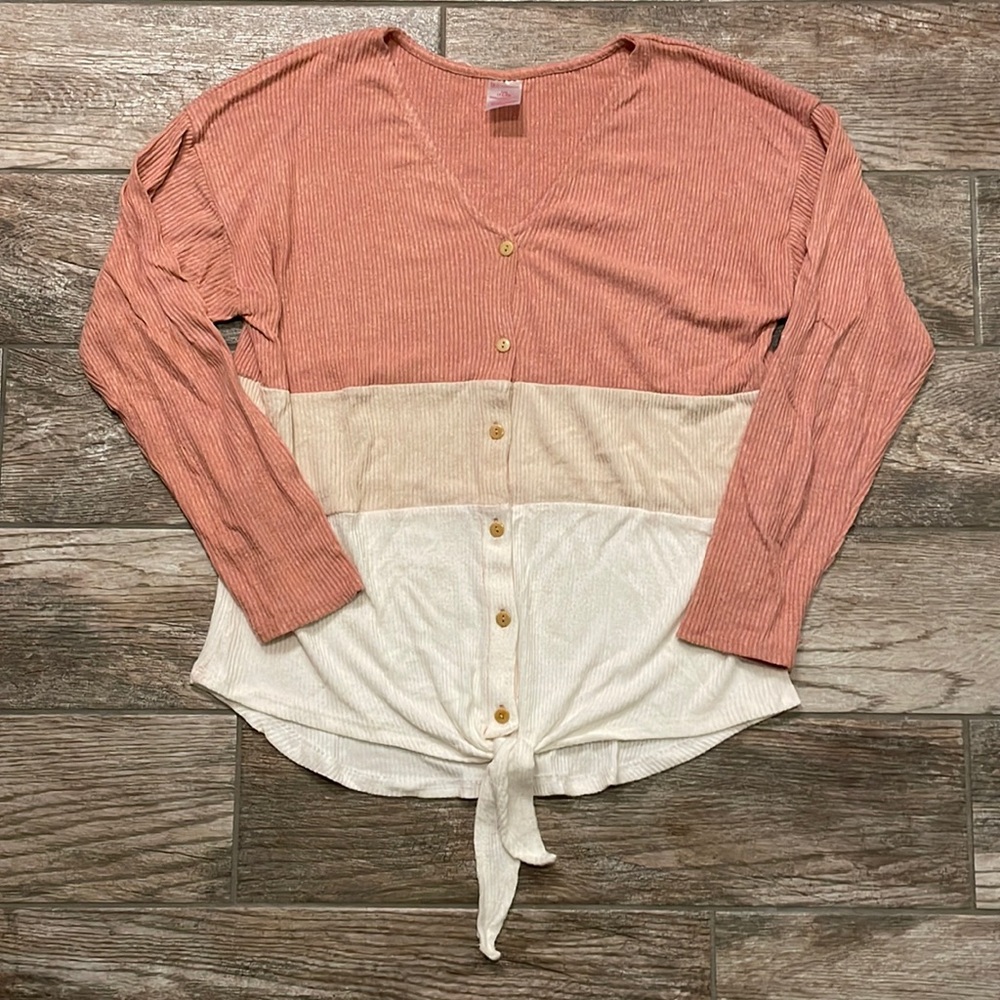 No Boundaries Colorblock Ribbed Long Sleeve Top with Tie